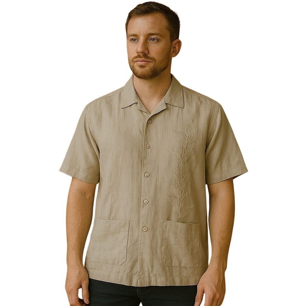 Cubavera Linen Blend Camp‎ Shirt Embroidered Palm Tree Details Two Pockets L New